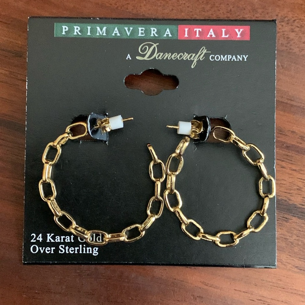 NWT Primavera Italy 24K gold over sterling silver link hoop earrings